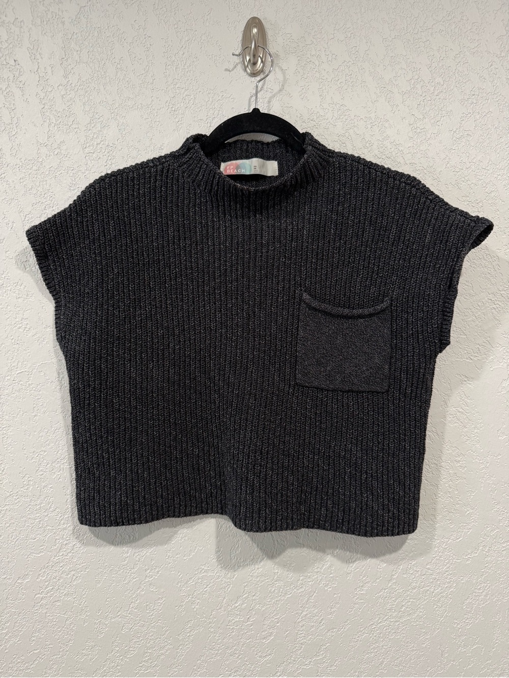 Free People Beach - Charcoal Knit Short-Sleeve Boxy Sweater with Patch Pocket